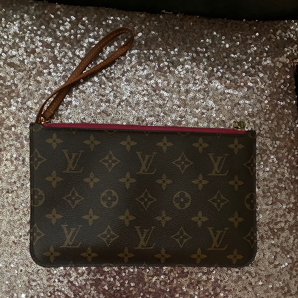 Authentic Louis Vuitton Brown Monogram Wristlet with Pink Accent